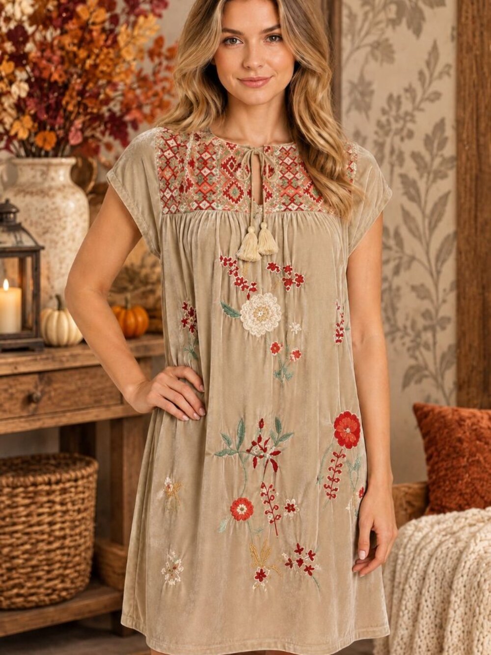 Johnny Was Suki Petal Sleeve Velvet Tunic Dress S